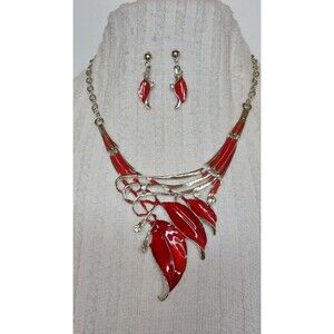 La Mia Cara FOGLIE DI FIORI Red Enamel Rhinestone Statement Necklace Earring Set